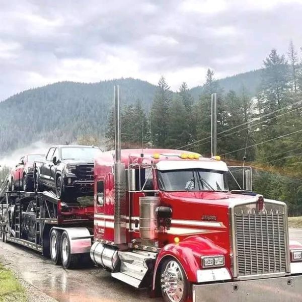 Red semi-truck transporting multiple cars on a highway.